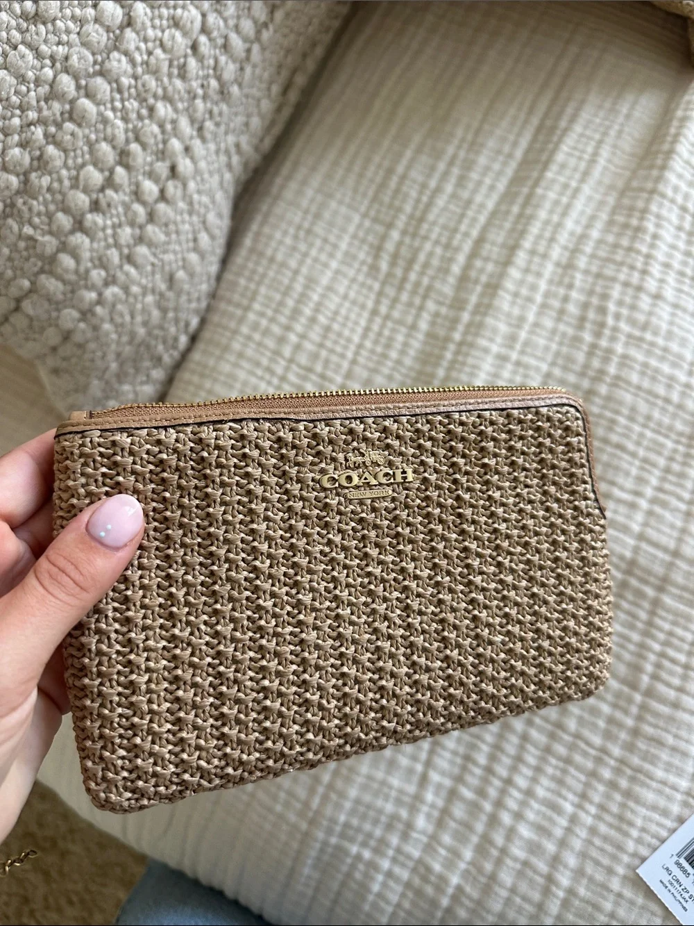 Coach Straw Zip Wristlet in Natural Tan